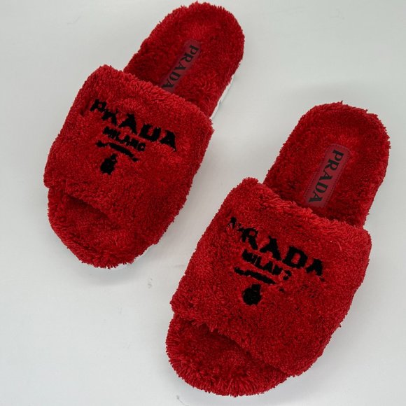 PRADA Signature Logo Cosy Terry Slides Slippers Flat Sandals Shoes Rosso - Picture 1 of 15